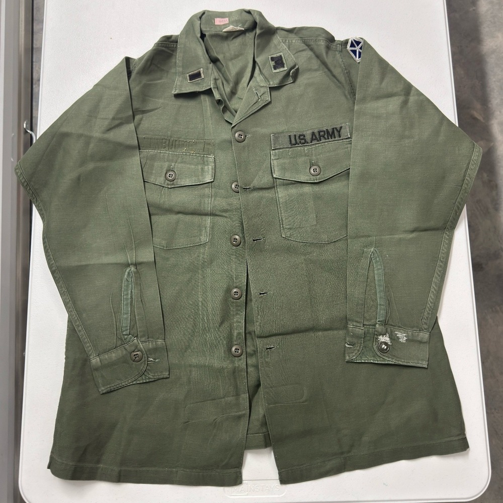Vintage US Army OG-107 Utility Shirt Mens 16.5x34 Green Sateen Fatigue Patch